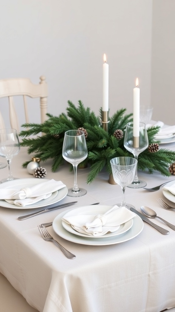 Minimalist Christmas Table Settings Minimalist Christmas table setting with white dinnerware, evergreen centerpiece, and candles.